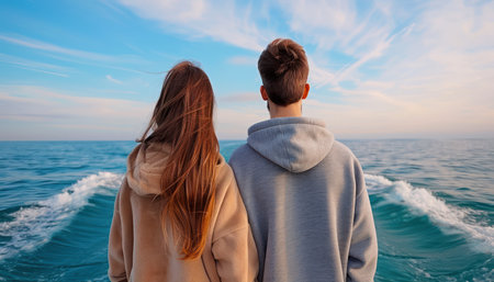 A romantic couple, hand in hand, sails serenely across a calm ocean Bathed in golden sunlight, they embrace the tranquility of the open water, sharing a moment of intimacy and connection Their faces radiate happiness as they immerse themselves in the unique beauty and peaceful rhythm of their sea adventure AI Generativeの素材