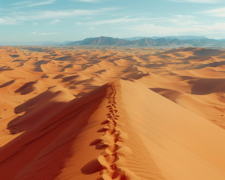 A solitary path winds through towering sand dunes, their golden crests shimmering under the desert sun The lone trail stretches towards the distant horizon, promising a journey of breathtaking beauty and quiet solitude This is a path through the heart of the desert, where time seems to stand still and AI Generativeの素材