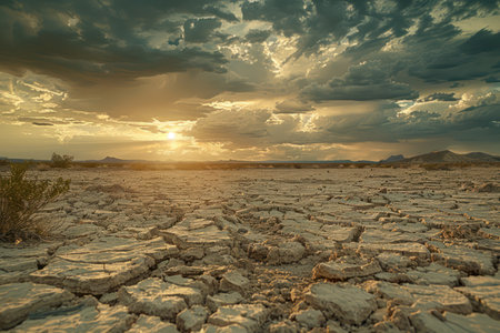 A stark yet captivating sunset paints a dramatic scene across the arid landscape Sunbeams pierce through a dusty, overcast sky, casting golden light on cracked earth The dry, desolate beauty of the desert unfolds in a breathtaking panorama, showcasing nature's raw power and the fleeting brilliance of twilight AI Generativeの素材