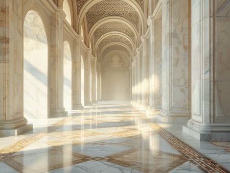 Step into a tranquil marble corridor, bathed in the gentle caress of sunlight The grand hallway, a masterpiece of architectural elegance, beckons you to explore its serene beauty Every detail, from the polished marble to the play of light, invites contemplation and inspires a sense of timeless grace AI Generativeの素材