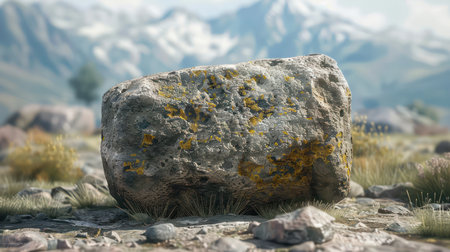 A lone rock stands defiant on a windswept mountain edge, a stark reminder of nature&#39;s harsh beauty The desolate landscape evokes a sense of isolation and loneliness, capturing the raw power that shapes our world This evocative image embodies the untamed spirit of nature AI Generativeの素材