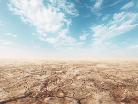 A vast, cracked earth stretches under a boundless blue sky The air is dry, the horizon distant, and the silence profound This arid landscape whispers of isolation and resilience, a testament to the harsh beauty of a remote desert AI Generativeの素材