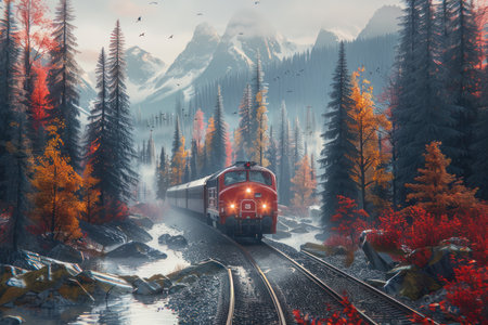 A locomotive glides through a symphony of autumn hues Vibrant foliage paints the hillsides, while misty mountains loom in the distance The train chugs along, a peaceful rhythm against the backdrop of a serene fall day A journey through nature's vibrant tapestry AI Generativeの素材