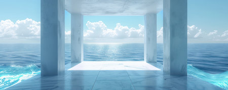 Immerse yourself in tranquil serenity with breathtaking ocean views framed by a modern structure Embrace minimalism as you embark on a journey to calmness, where expansive horizons and the essence of peace meet AI Generativeの素材