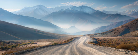 A winding road carves through majestic desert mountains, leading to breathtaking panoramic views Fog cloaks the landscape, adding a mystical touch to the dramatic scenery The journey promises breathtaking vistas, with each turn revealing more of the awe-inspiring wilderness AI Generativeの素材