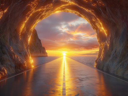 Imagine a serene sunset archway, a vibrant journey through a coastal tunnel, leading you to a captivating view The scenic route unfolds before you, culminating in a golden horizon that paints the sky with breathtaking hues It's a moment of tranquility and awe, a reminder of nature's artistry AI Generativeの素材