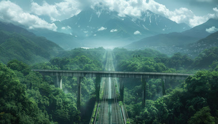 A serene drive winds through mountainous landscapes, the road gracefully arcing over railway tracks nestled amidst vibrant greenery Lush foliage frames the scenic route, offering a peaceful escape amidst the rugged beauty of nature The overpass bridge provides a vantage point to admire the tranquil scene below, a moment of AI Generativeの素材