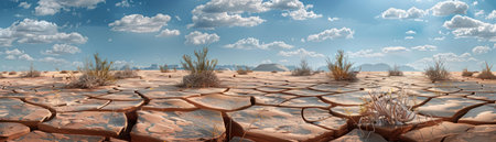 A heavy, gray sky hangs low over a cracked and parched desert landscape Sparse, hardy vegetation struggles to survive amidst the arid terrain The air is thick with the silence of a dry, unforgiving environment, where even the wind seems to hold its breath AI Generativeの素材