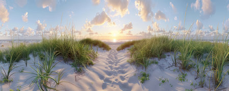 A breathtaking beach sunrise scene unfolds, with towering dunes framing a path leading towards the distant horizon The golden light bathes the pristine sand and sky in a warm glow, creating a captivating landscape perfect for inspiring travel and adding a touch of serenity to your desktop AI Generativeの素材