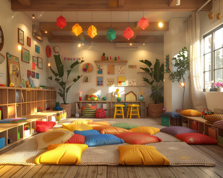 Transform your classroom into a vibrant haven for learning! Colorful cushions, playful decor, and natural light create a joyful and inspiring space This design encourages creativity, making learning a fun and engaging experience for every child AI Generativeの素材