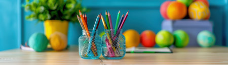 A burst of color signals the start of a new school year Colorful pencils peek from a glass jar, nestled amongst books and a leafy plant, reflecting the joy of learning Get ready for a year of knowledge and growth enthusiastic studying awaits! AI Generativeの素材