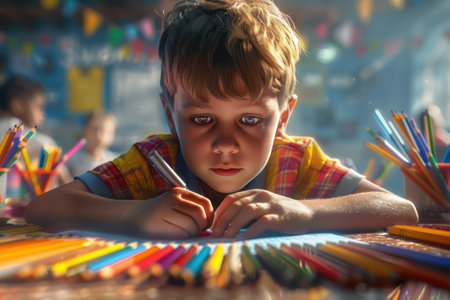 A young boy joyfully draws with colorful pencils, illustrating the excitement of back-to-school learning His creative expression and focused concentration embody the joy of discovery and the power of education This heartwarming image celebrates the vibrant energy of childhood and the endless possibilities of imagination AI Generativeの素材