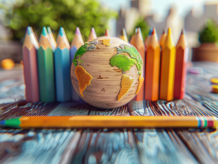 Smiling students are back in school, surrounded by vibrant colors and learning tools They excitedly engage in educational activities, their colorful pencils and a spinning globe sparking curiosity and joy This is learning at its best a joyful and engaging experience AI Generativeの素材