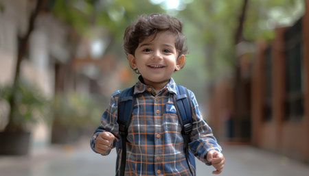 A beaming child, backpack in tow, radiates pure joy on their first day of school Their infectious smile embodies the excitement of learning, friendship, and the promise of adventure The vibrant colors and playful energy of the classroom speak to a hopeful future filled with growth, discovery, and endless possibilities AI Generativeの素材