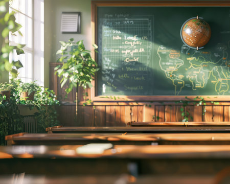 Step into a vibrant classroom, bursting with sunshine and life Green plants add a touch of nature, while desks are arranged for learning A classic chalkboard and a spinning globe inspire exploration This cheerful space is ready to welcome students back for a year filled with knowledge and joy AI Generativeの素材