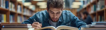A young man sits in a library, surrounded by new books, his face alight with enthusiasm He's back to school, eager to learn and achieve academic goals The library's quiet atmosphere fuels his desire for knowledge and growth, setting the stage for a successful academic journey AI Generativeの素材