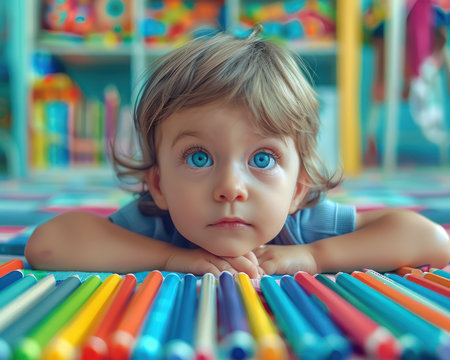 A vibrant scene of a joyful child surrounded by colorful school supplies embodies the excitement of learning The image captures the essence of back-to-school, showcasing the playful energy, creativity, and eagerness for knowledge that defines this time This child is ready to explore, discover, and succeed in a fun and AI Generativeの素材