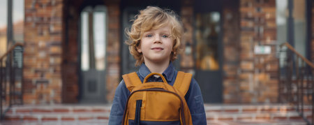 A young boy, beaming with excitement, strides into school with his backpack His bright smile reflects the joy and anticipation of a new academic year This image embodies the pure happiness of returning to school, ready for learning and fun adventures AI Generativeの素材
