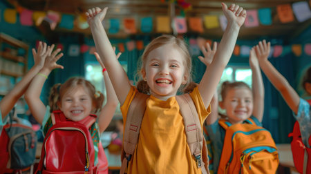The classroom buzzes with excitement as kids proudly display their new backpacks Smiling faces, eager to learn, represent the joy of a fresh school year Backpacks overflowing with colorful supplies symbolize the promise of knowledge, friendship, and fun It's the first day of school, and the adventure begins! AI Generativeの素材