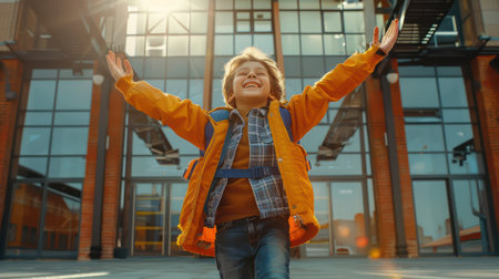 A young boy beams with excitement as he enters a vibrant school building, symbolizing the joy and promise of a new academic year He's ready to learn, grow, and make new friends in a supportive and inspiring environment, where dreams take flight and potential is unleashed AI Generativeの素材