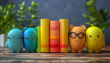 A vibrant classroom bursts with excitement as smiling cartoon students proudly hold colorful new books Surrounded by school supplies, a bookshelf overflows with literary treasures This joyful scene captures the thrill of learning, knowledge, and a new semester, making reading an adventure for happy students AI Generativeの素材