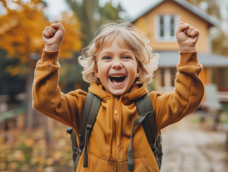 A wide-eyed child beams with excitement, their backpack brimming with promise It's their first day of school, and the joy of learning radiates from their infectious smile This vibrant image captures the thrill of new beginnings and the boundless energy of a happy kid ready to embark on an educational AI Generativeの素材