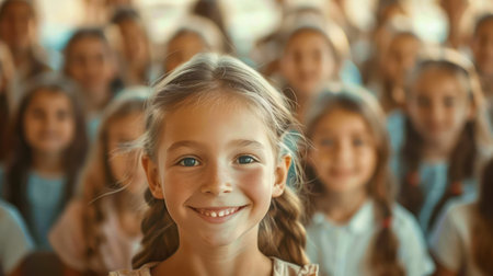 A heartwarming classroom portrait captures the joy of learning as diverse students beam with smiles The vibrant image embodies the back-to-school spirit, showcasing educational success and the unifying power of a shared experience Together, they represent the vibrant future of education AI Generativeの素材