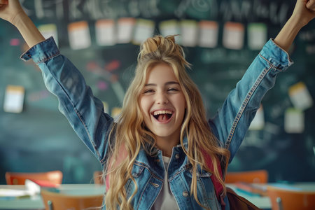 A vibrant scene of academic triumph! A beaming student basks in the glow of success, embodying the joy of learning Books, pencils, and a chalkboard surround them, symbolizing the tools of knowledge and the journey of education This image encapsulates the excitement of achievement and the motivation to strive for AI Generativeの素材