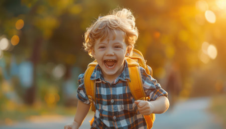 A vibrant child, bursting with excitement, races towards school with their backpack This joyful back-to-school scene captures the thrill of new beginnings, the joy of learning, and the promise of adventure The child's smile radiates happiness as they embark on a journey of knowledge, growth, and friendships in a vibrant AI Generativeの素材