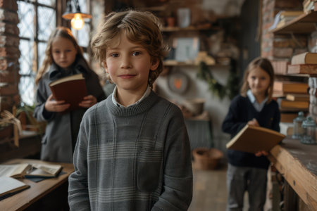 A charming portrait captures the joy of learning as a smiling boy holds a book, surrounded by two eager girls in a cozy library setting The image radiates excitement for education and the love of reading, making it perfect for educational content, school websites, and promoting a passion for books AI Generativeの素材