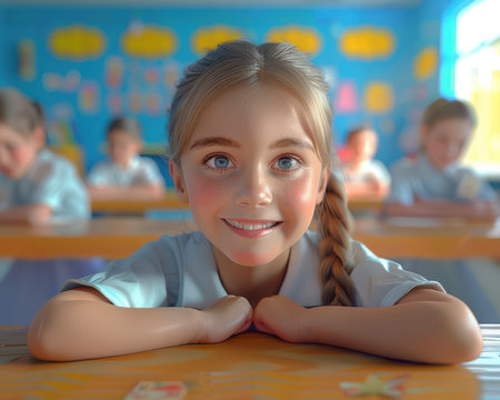 A vibrant classroom bursts with joy as students beam, showcasing the positive impact of education From excited smiles to interactive learning, the scene captures the essence of a thriving learning environment where children thrive and knowledge flourishes This back-to-school image celebrates the power of education to inspire and empower AI Generativeの素材