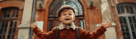 A young boy beams with excitement as he stands before his school building on the first day His backpack sits proudly on his shoulders, symbolizing the adventure that awaits His bright eyes and wide smile radiate joy and anticipation for the return to learning This is a happy student, eager AI Generativeの素材