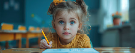 A young girl beams with excitement, immersed in her schoolwork in a bright classroom Her focused expression and joyful energy embody the thrill of learning and the eagerness to return to school after summer This image encapsulates the joy and optimism of education, reminding us of the magic of learning AI Generativeの素材