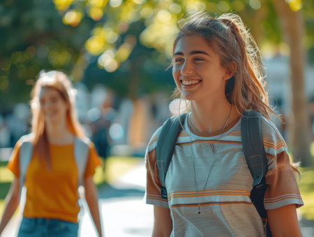 A vibrant scene of happy students walking to school together encapsulates the joy of returning to campus Their smiles radiate excitement for learning and the bright future ahead The back-to-school concept is alive with energy, highlighting the fun and positive experience of education AI Generativeの素材