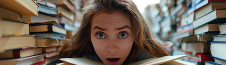 A vibrant student, surrounded by a mountain of new books, embodies the joy of learning Their eyes gleam with excitement and determination, eager to delve into the world of knowledge This image captures the essence of back-to-school, a time for growth, discovery, and the pursuit of academic excellence AI Generativeの素材