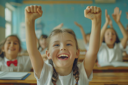 Energized elementary students beam with pride as they celebrate their academic achievements, embodying the joy of learning This vibrant back-to-school image captures the infectious enthusiasm of young minds engaged in educational success The atmosphere is one of pure excitement and a love for knowledge AI Generativeの素材