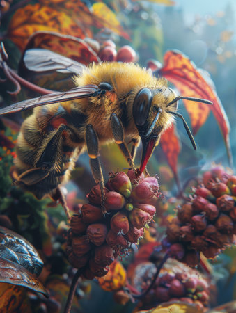 Immerse yourself in the vibrant tapestry of nature as a honeybee diligently harvests nectar from an array of colorful blooms Witness the exquisite details of the insect&#39;s anatomy, from its intricate tongue to its pollen-covered legs, amidst a lush garden teeming with life The interplay of colors, textures, and delicate movements evokes a symphony of natural beauty, capturing the essence of spring&#39;s awakening AI Generativeの素材