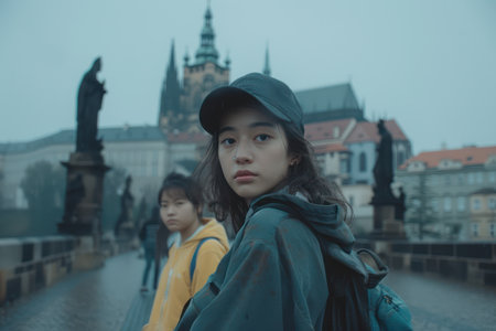 Step into a realm of ethereal beauty as mist envelops a European city, revealing the intricate grandeur of Gothic architecture Wander along cobblestone streets, marveling at towering spires, intricate gargoyles, and stained-glass windows that paint vibrant hues upon the morning fog Experience the vibrant urban tapestry as locals go about their daily lives, adding a touch of humanity to the timeless elegance of the cityscape AI Generativeの素材