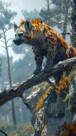 Behold the regal spotted hyena, its majestic presence dominating the heart of Africa&#39;s untamed landscapes Perched on a rocky outcrop amidst towering pine trees, the beast&#39;s piercing gaze surveys its domain Its spotted coat blends seamlessly with the rugged terrain, showcasing the exquisite harmony between wildlife and nature in a breathtaking panorama Witness the raw wilderness and captivating beauty of Africa&#39;s untamed spirit AI Generativeの素材