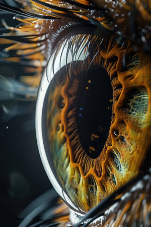A mesmerizing close-up of a human eye, revealing the intricate detail and vibrant colors of the iris  The fiery hues and lively textures create a captivating depth, drawing the viewer into the depths of this enigmatic window to the soul AI Generativeの素材