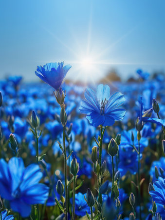 A breathtaking vista unfolds, showcasing a vibrant field of blue wildflowers bathed in golden sunlight The clear sky serves as a pristine canvas, accentuating the captivating beauty of nature&#39;s vibrant display This picture-perfect scene captures the essence of a beautiful, bright day AI Generativeの素材