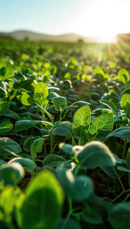A vibrant sunrise paints the sky with fiery hues, illuminating a lush field of young green plants  New beginnings, growth, and the beauty of nature are embodied in this scene  Warm morning sunlight bathes the landscape, showcasing the vibrant colors of life blossoming under a clear sky AI Generativeの素材