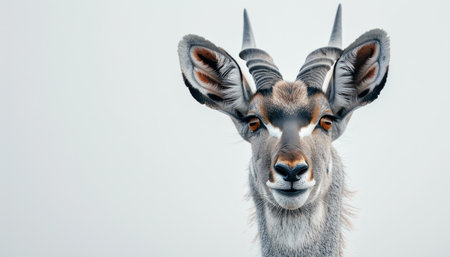 Witness the regal splendor of an antelope in this captivating headshot Its majestic horns, a testament to nature&#39;s artistry, frame a serene countenance with piercing eyes that reflect the vast savannah Against a minimalist backdrop, the antelope&#39;s exquisite features take center stage, inviting admiration for its extraordinary grace and beauty AI Generativeの素材