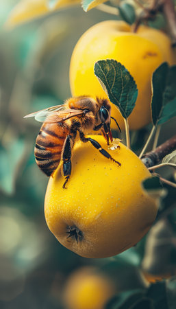 A vibrant orchard bustles with life as a diligent honeybee diligently pollinates a golden apple blossom Lush green leaves create a picturesque backdrop, while the bokeh background softens the scene This captivating image showcases the crucial role of bees in agriculture and ecosystems, highlighting their beauty and significance AI Generativeの素材