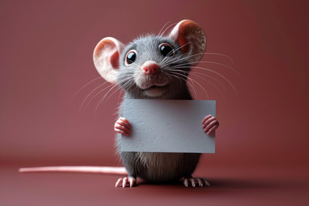 Captivating illustration of an adorable cartoon mouse holding an empty placard against a vibrant red background This high-quality artwork showcases the mouse&#39;s charming expression, inviting viewers to fill the sign with creative content Perfect for children&#39;s books, greeting cards, and any design seeking a touch of cuteness AI Generativeの素材