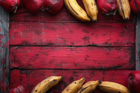 Rustic charm meets fruity delight in this captivating still life Bananas and red apples nestle on a weathered red wooden surface, framed by aged wood The fusion of fresh produce and vintage ambiance creates a harmonious and inviting composition, capturing the essence of nature&#39;s bounty and timeless beauty AI Generativeの素材