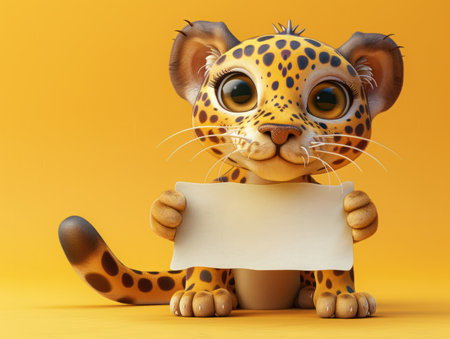 Enchanting cartoon baby leopard adorably holds a blank placard against a vibrant yellow backdrop, inviting you to customize it with heartfelt messages or imaginative designs This charming image captures the innocence and playful spirit of a baby leopard, making it an ideal canvas for expressing love, joy, or any other message that warms the heart AI Generativeの素材