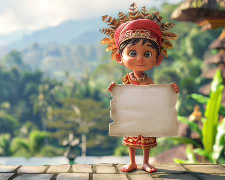 Charming animated child character adorned in traditional attire stands amidst a vibrant tropical paradise, clutching a blank signboard The whimsical character adds a touch of innocence and joy to this lush backdrop, inviting you to showcase your message in a captivating and heartwarming setting AI Generativeの素材