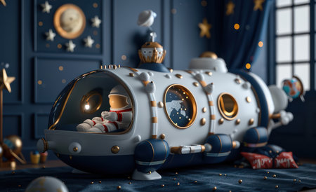 Embark on an enchanting space adventure with this adorable astronaut-themed playhouse! Designed as a whimsical space train, it features twinkling lights, engaging sounds, and a spacious interior, perfect for imaginative play in kids' bedrooms or playrooms Let your little astronauts soar through the cosmos, fostering creativity and endless fun AI Generativeの素材