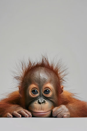 Capture the irresistible charm of an adorable baby orangutan with this high-resolution photograph Its wide-eyed curiosity peeks over a surface, revealing a captivating expression that will melt your heart The vibrant colors and intricate details of its fur create a stunning and memorable image, showcasing the beauty and wonder of nature's most adorable creatures AI Generativeの素材